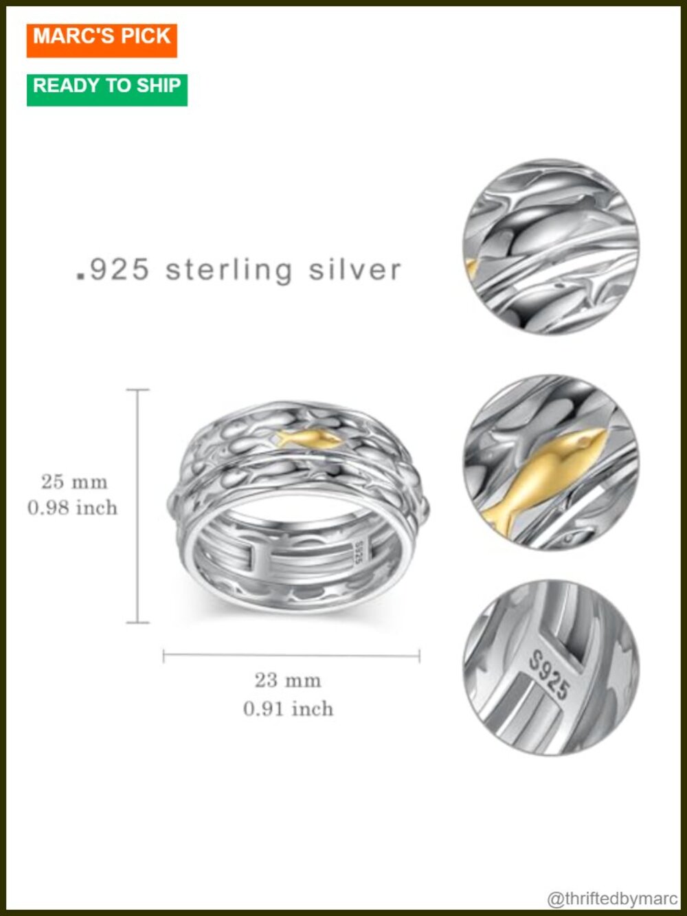 TYSO Fish Anxiety Ring 925 Sterling Silver Spinner Fidget Ring for Women Men - Picture 5 of 6